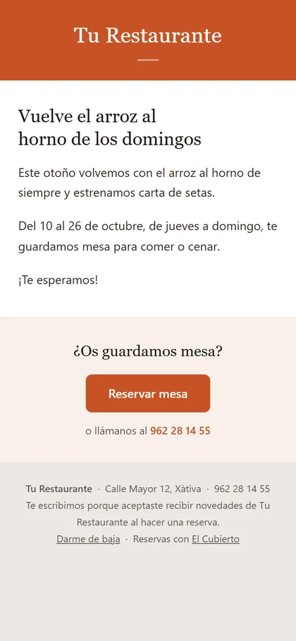 Un correo del restaurante a sus clientes, con el botón «Reservar mesa».