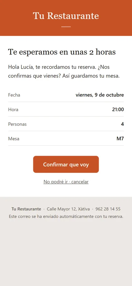 El correo de recordatorio que recibe el cliente, con su reserva y el botón «Confirmar que voy».