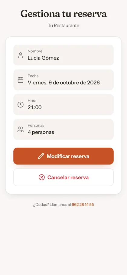 La página donde el cliente cambia la hora o cancela su reserva.