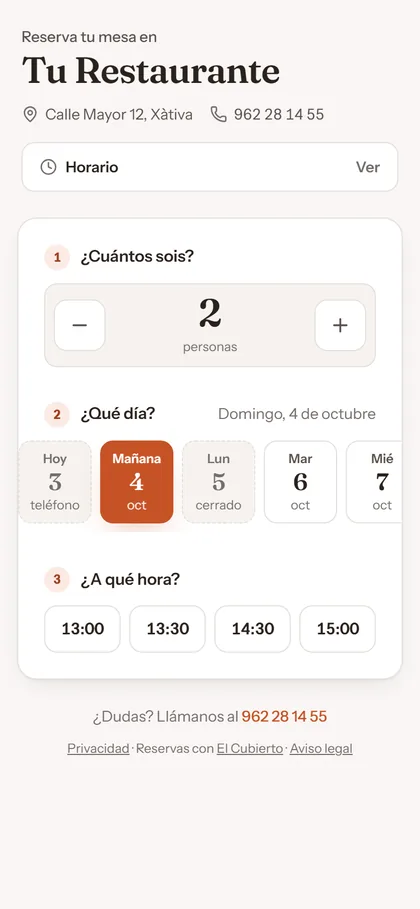 La web de reservas en el móvil: cuántos sois, qué día y a qué hora.